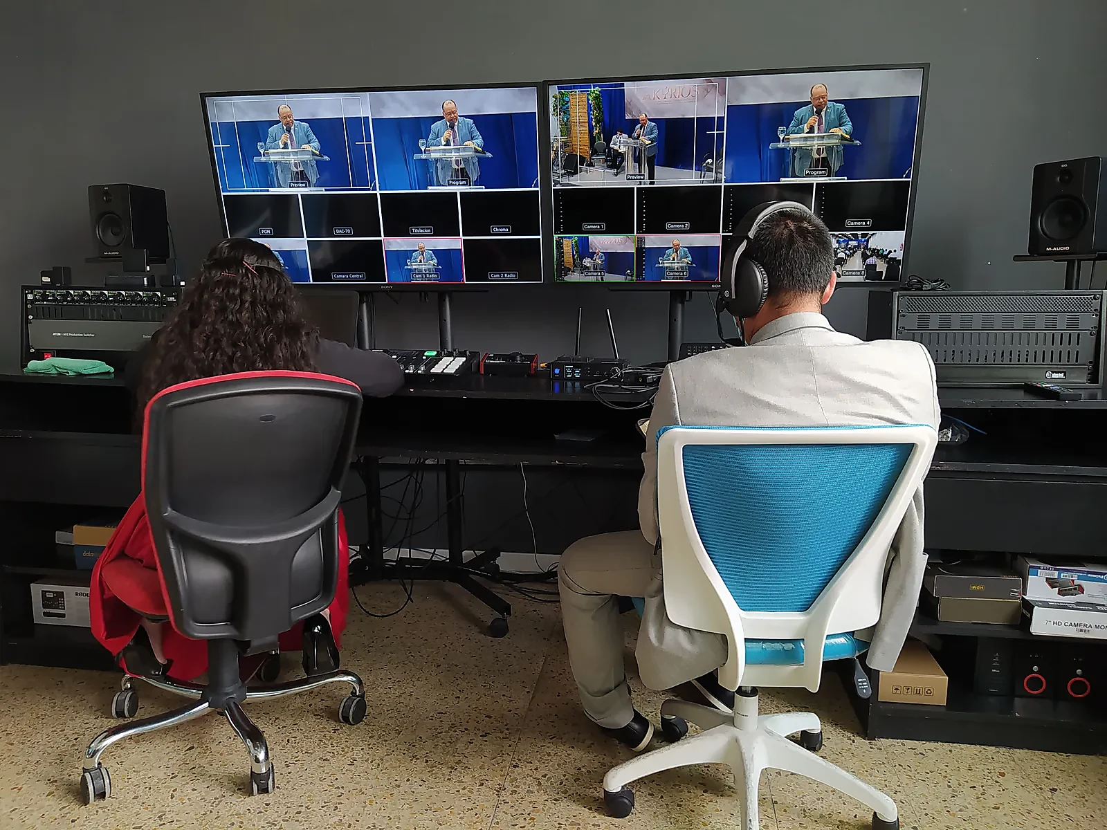 Broadcast control room monitoring live video feeds
